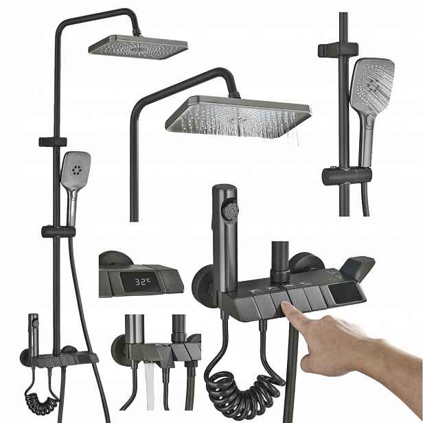 Sprchový Set Podomítková sprcha Černá Šedá Termostat Bidet LCD