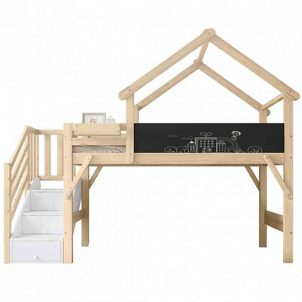 Redom PALANDA 257/95/204 cm s psací tabulí, úložným schodištěm a střešním designem, Bílá/Natur
