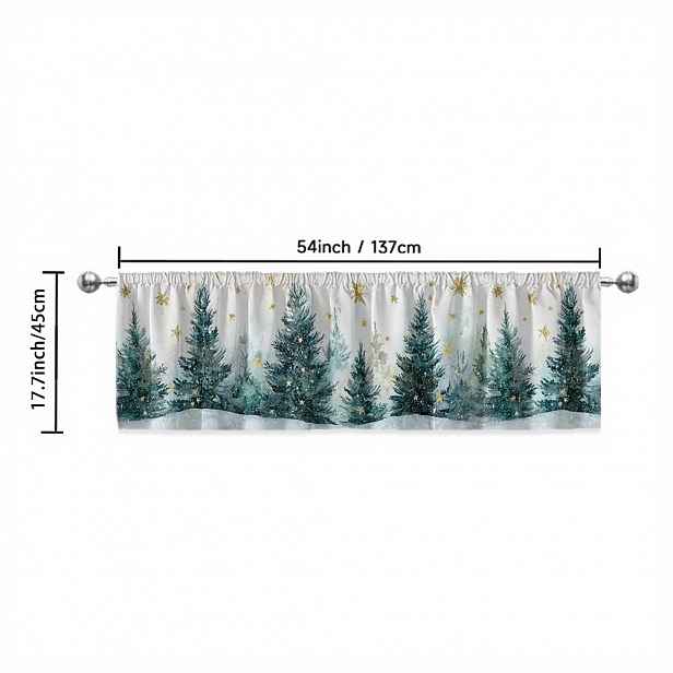 TEMU 1ks Moderní Krátké Závěsy - 2D Plochý Tisk Stálezeleného Stromu a Sněhové Vločky, 100% Polyester Světelně Filtrující Záclona s Tunýlkem do Tyče