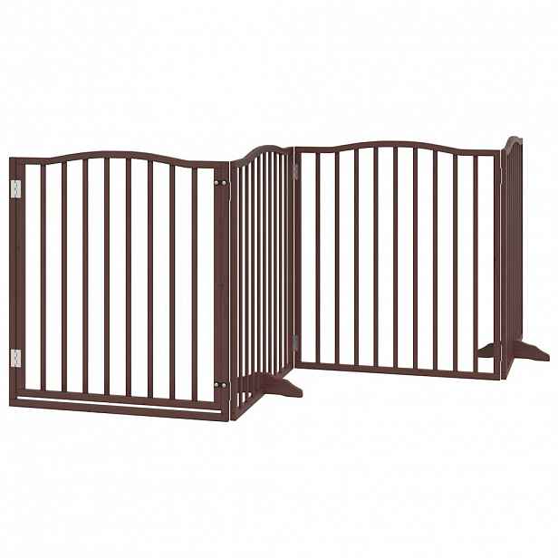 vidaXL Zábrana pro psy s dvířky skládací 4 panely hnědý dub 320 cm
