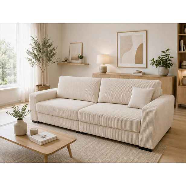 MID.YOU TŘÍMÍSTNÁ POHOVKA, dřevo, textil, kompozitní dřevo, béžová
