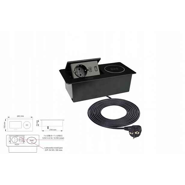 Stolní zásuvka Zeobox, černá, 1 x francouzská zásuvka, 1 x Usb A, 1 x Usb C,
