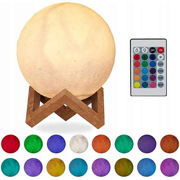 Relaxdays Měsíční lampa 3D, 16 barev Led lampička na dotyk svítící 16k