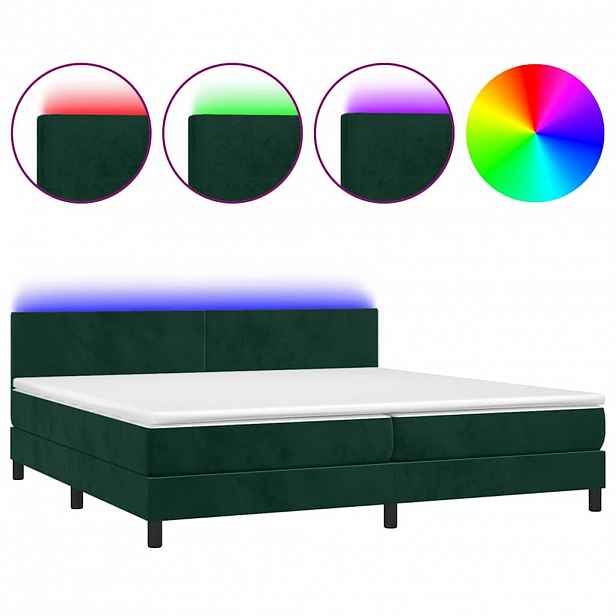 vidaXL Box spring postel s matrací a LED tmavě zelená 200x200 cm samet