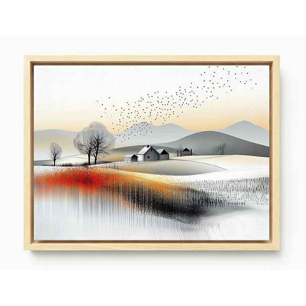 Obraz Rám Americký Box Krajina Hory Pahorky Obec Pole Květiny Ptáci 80x60