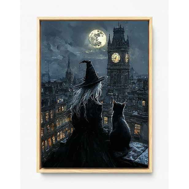 Obraz Rám Americká Krabička Čarodějka Černá Kočka Měsíc Noc Gothic Dark 60x80