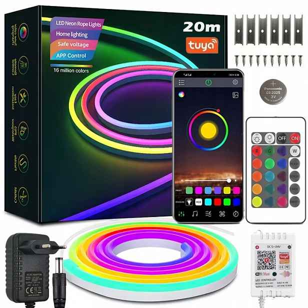 Led Pásek Neon 20M (2x10) Rgb Wifi Tuya Aplikace Dálkový Ovladač IP67 24V Vodotěsné