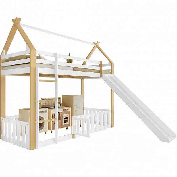 Redom PALANDA 90/200 cm s domečkovou střechou, skluzavkou, bezpečným prostorem pod postelí a žebříkem, Bílá a přírodní