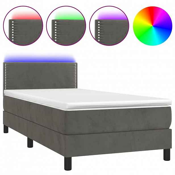vidaXL Box spring postel s matrací a LED tmavě šedá 90x190 cm samet