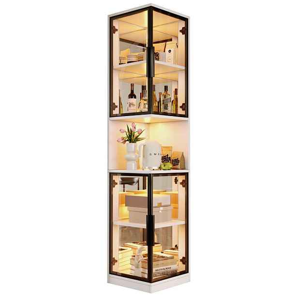 Modfu VITRÍNA z dřevotřísky a skla 42x44x205 cm bílá s LED osvětlením, zrcadlovou zadní stěnou a dvojitými skleněnými dveřmi