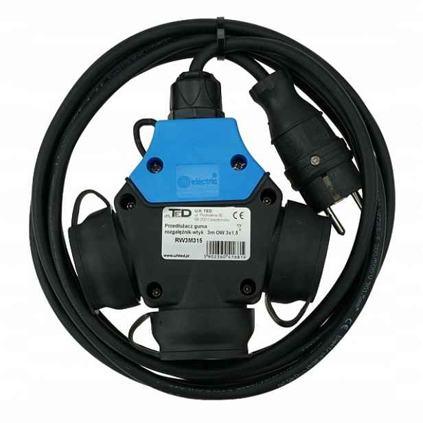 T-rozdělovač Prodlužovací Kabel Stavební Gumový 250V 16A 3 Metry 3 X 1,5MM IP44