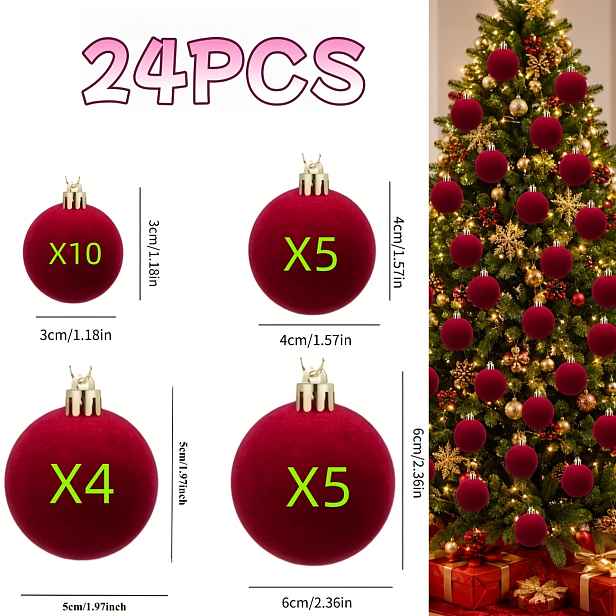 TEMU 24 ks vínových sametových vánočních kouliček, 4 ks různých velikostí 3 cm / 4 cm / 5 cm / 6 cm, ozdoby na vánoční stromek - perfektní volba pro