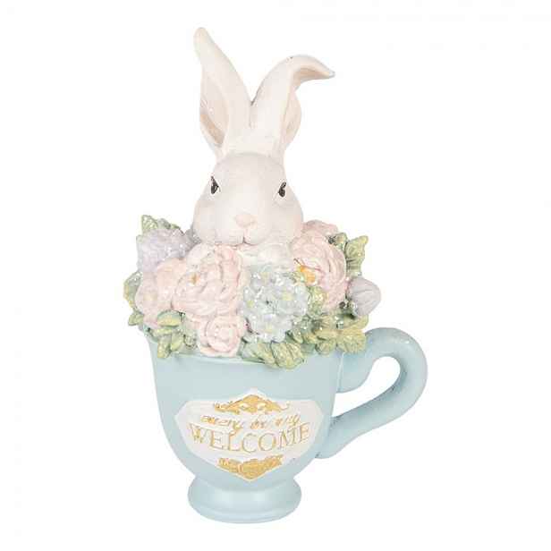 Dekorace králík v modrém šálku s květy - 11*9*16 cm Clayre & Eef