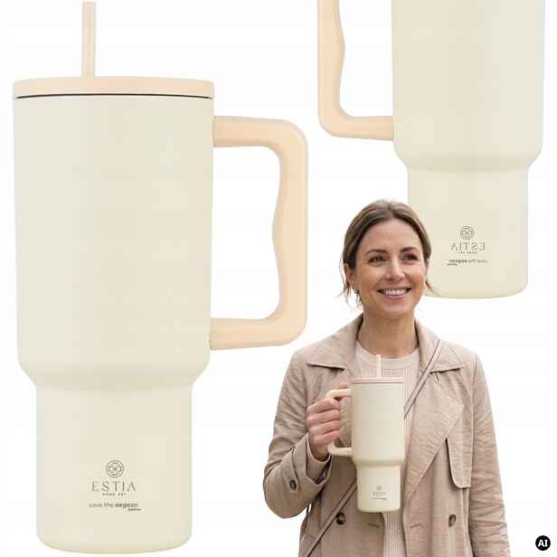 Termohrnek S Rukojetí S Brčkem 900 ml Velký bílý na Vodu Nápoje 6-12 h