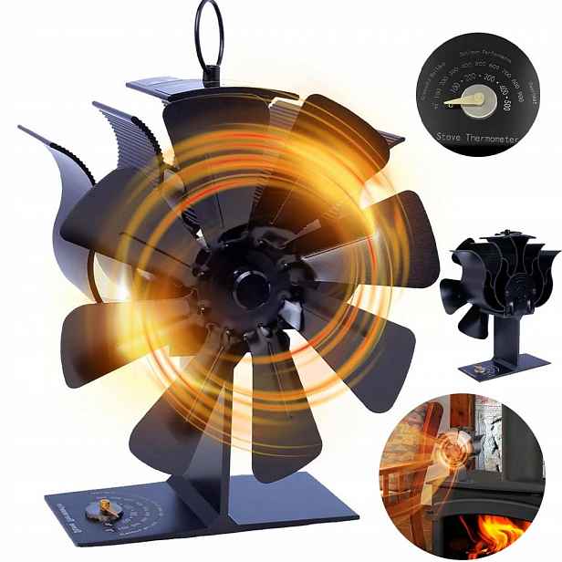 Ventilátor Krbový Větrák Napájený Černý Bez Proudu S Teploměrem