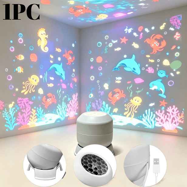 TEMU LED Projekční lampa s hvězdného oceánu, 360stupňová otočná dynamická projekce, kreativní noční světlo napájené přes USB, prostředí dekorativního