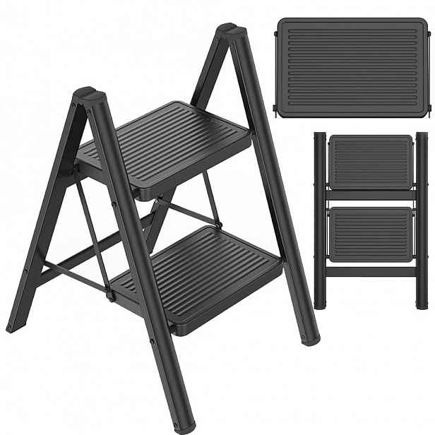 Žebřík 2 Stupně 150 Kg Schůdky Plošina Stolička Domácí Stolička Černá