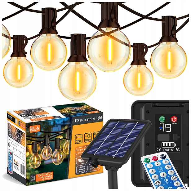 Solární zahradní girlanda 20 m Led 20x E12 2700K IP44 ovladač 2 žárovky