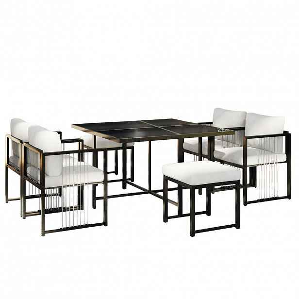 OKWISH ZAHRADNÍ jídelní set 117/117 cm černo-bílý z kovu a skla s polštáři pro 6 osob