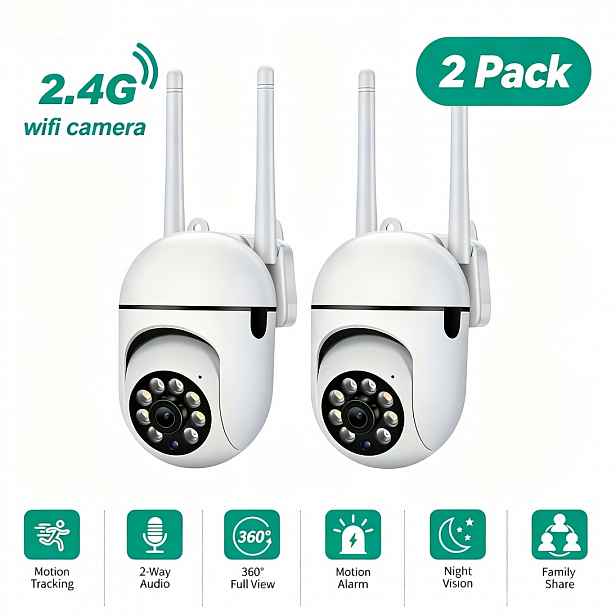 TEMU 2ks 2.4Ghz Wifi venkovní PTZ kamera, 355° Pan 90° Tilt, 3 režimy nočního vidění: Plná barva/Chytrý/Infračervený, Upozornění na pohyb, Obousměrné