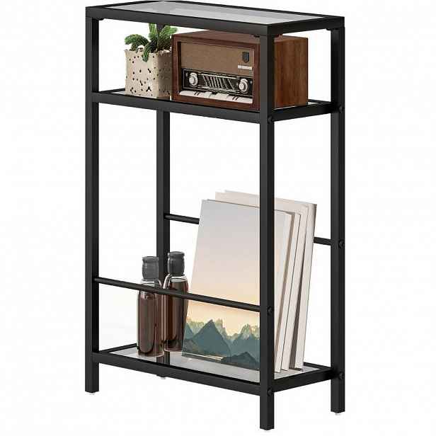 OKWISH ODKLÁDACÍ stolek 40/18/62 cm černý z skla s třípatrovým úložným prostorem a ocelovým rámem