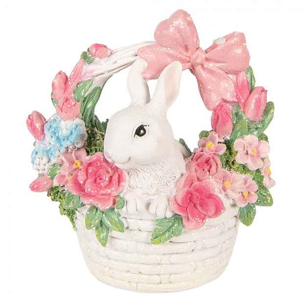 Dekorace bílý králíček v košíčku s květy - 15*9*16 cm Clayre & Eef
