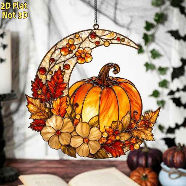 TEMU 2D Plochá, 2D Plochá , 1ks Akrylový Lapač Slunce s Dýní a Úplňkem Sklizně na Halloween, Podzimní Javorový List na Zavěšení do Okna jako Dárek,