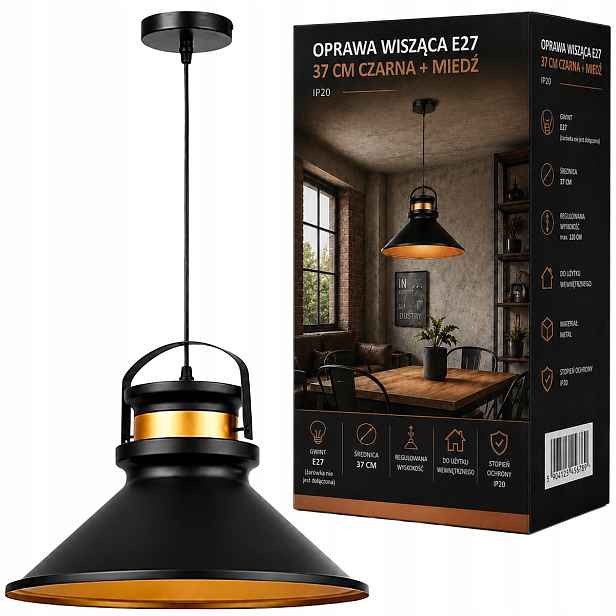 Závěsná stropní lampa loftová E27 Led černo měděná 37 cm