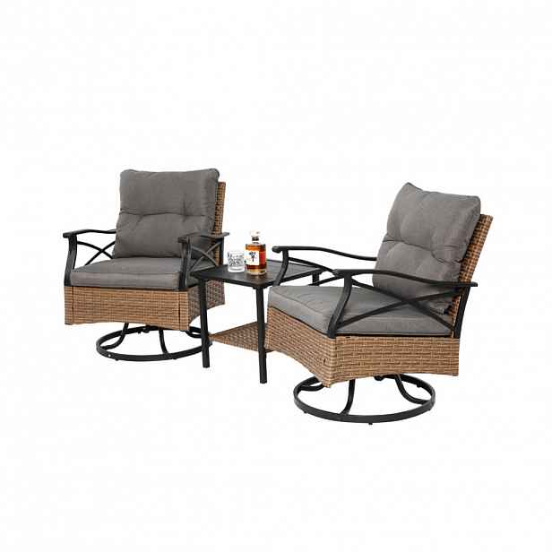 OKWISH ZAHRADNÍ sedací sestava 64/58/82 cm hnědošedá z oceli s otočnými houpacími křesly