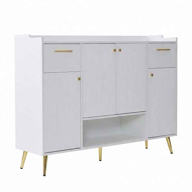 Urban Meuble BOTNÍK NA BOTY 130 cm bílý se 2 zásuvkami, 4 dvířky a kovovými nohami