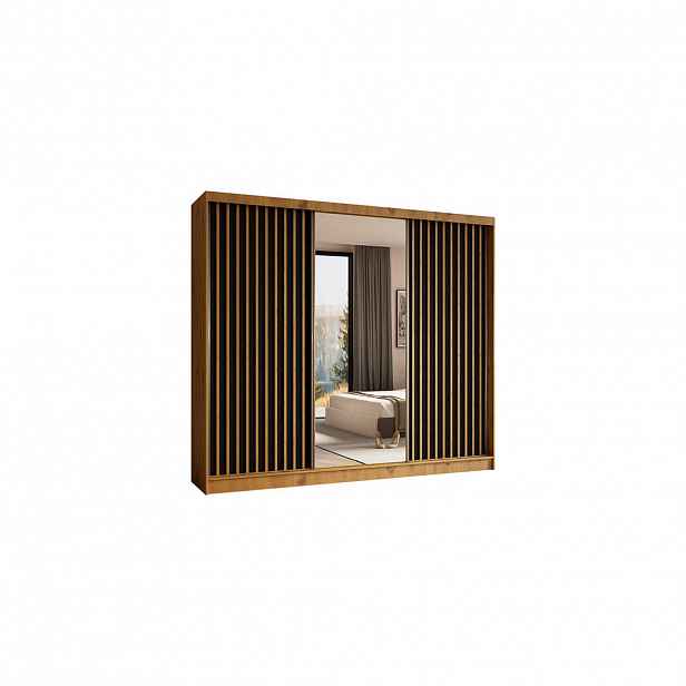 ALTDECOR ŠATNÍ SKŘÍŇ s zrcadlovými posuvnými dveřmi a hliníkovými lamelami, LED osvětlení – LAMELO – 240 cm Artisan+černá+Artisan