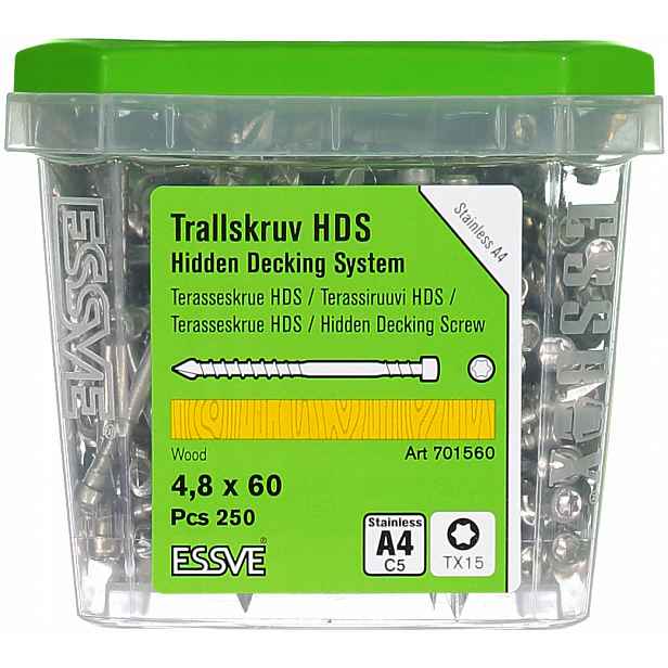 Essve Hds Pro Terasový šroub na dřevo Skrytá montáž A4 4,8x60mm 250 Ks