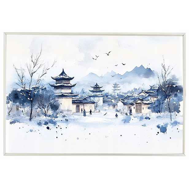 Plakát Rámeček Hliníkový Grafika Asie Čína Městečko Pagoda Zima 60x40