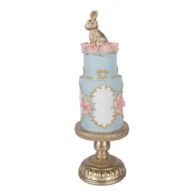 Dekorace modro-zlatý dort zdobený růžičkami a králíčkem - Ø 12*37 cm Clayre & Eef