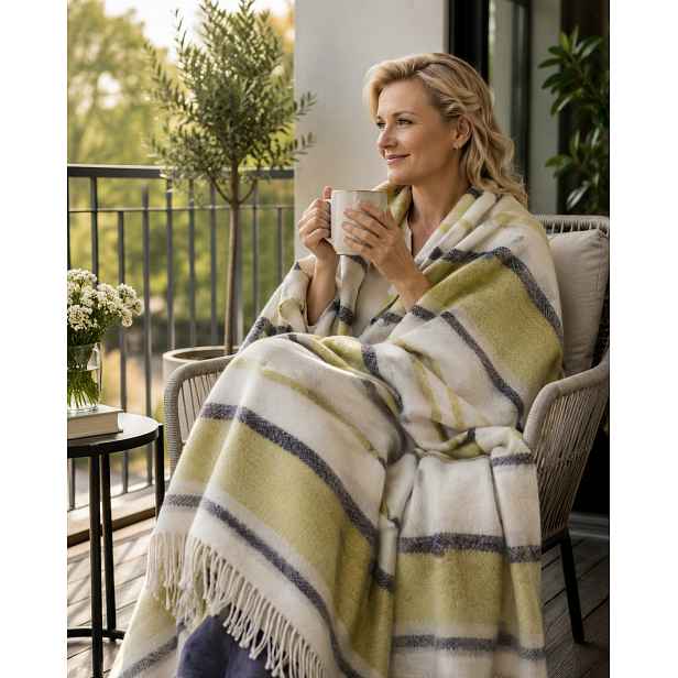 Merino Wool přírodní vlněný přehoz na postel 160/200, zelené pruhy