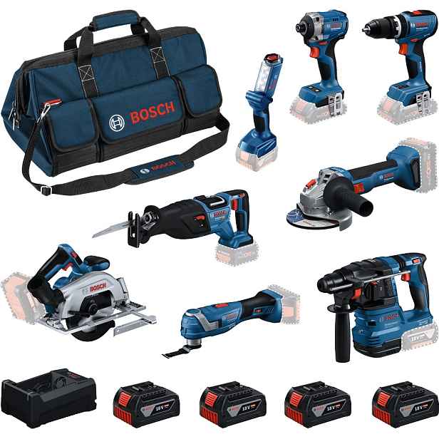 8 dílná sada AKU nářadí Bosch 18 V 4× 5 Ah + L-BOXX Contractor set 3
