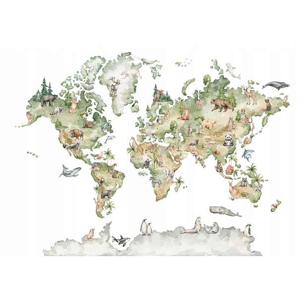 Fototapeta flizelina Mapa světa Zvířata akvarel pastelová 350x250 lepidlo