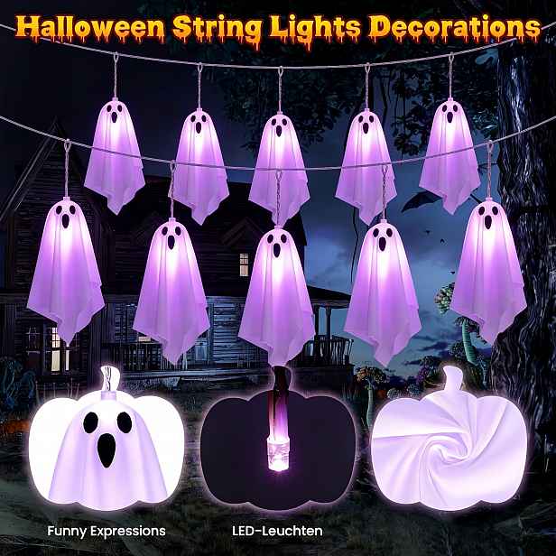TEMU 1 šňůra halloweenských dekorací s duchy, 10 LED strašidelných fialových světelných řetězů s duchy, na baterie (baterie nejsou součástí balení),