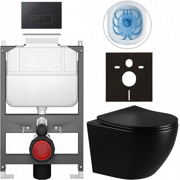 Kompletní WC set Basic/Cesso - černá lesklá - WC tlačítko Modulo/Černá - ovládání shora - předstěnová instalace - 49x36 cm