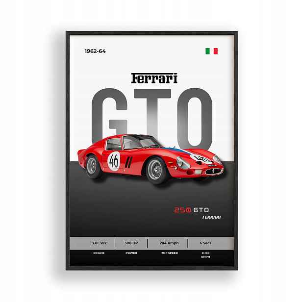 Obraz Auto Ferrari 250 Gto Plakát Rámeček Dřevěný Černý 30x42 cm