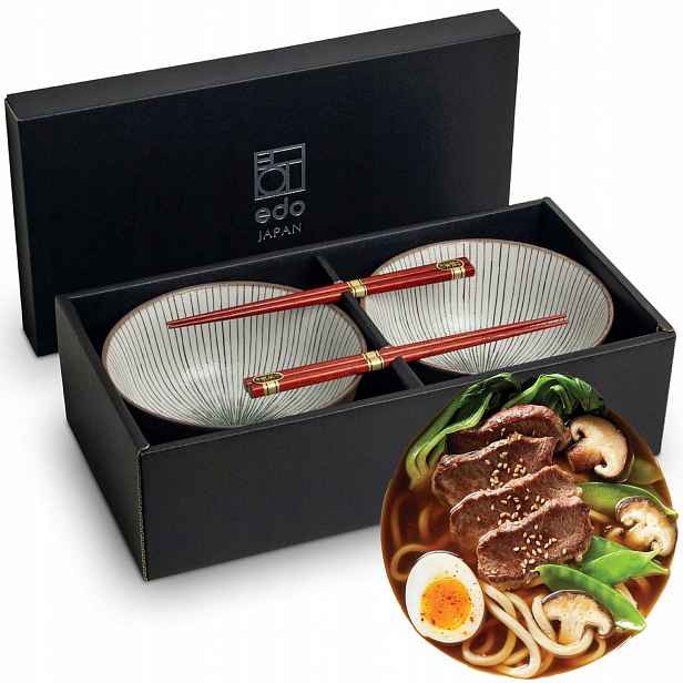 Sada světlých misek 17 cm pro polévku Udon s paličkami Shima Edo Japan