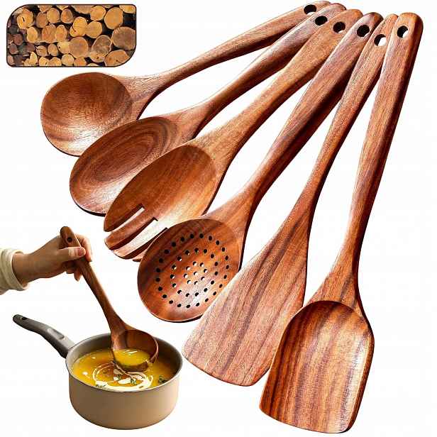6 Ks Sada Dřevěného Kuchyňského Náčiní Do Kuchyně, Lžíce A Špachtle