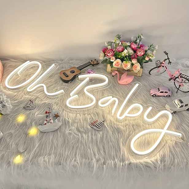 TEMU 1 ks Oh, Baby Neonová Světla, Bílé Písmeno LED Neonový Nápis, Dekorace na Zeď a Pozadí, Vhodné pro Odhalení Pohlaví, Fotografické Rekvizity,