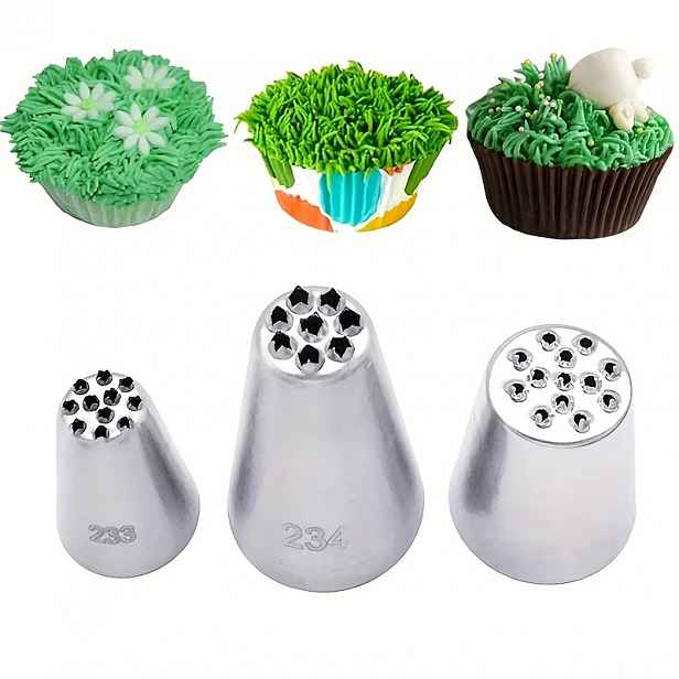 TEMU 3 ks Trávníkové Krémové Trysky na Dekoraci Dortů, Nerezové Hlavičky pro Zdobení Cupcakes a Cukroví