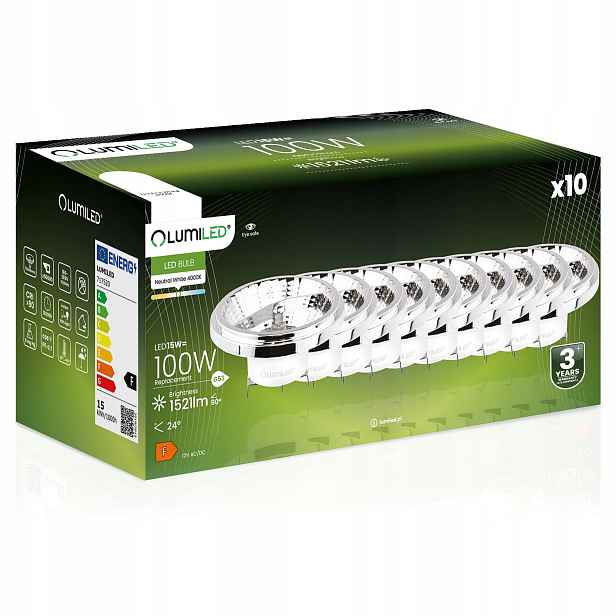 10x Led žárovka G53 AR111 15W 100W 1521lm 4000K 24° 12V Stříbrná Lumiled