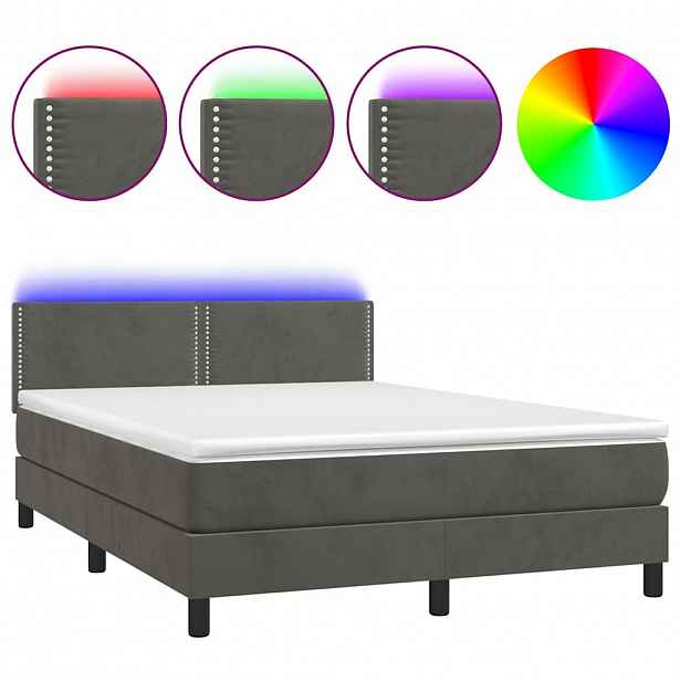 vidaXL Box spring postel s matrací a LED tmavě šedá 140x200 cm samet