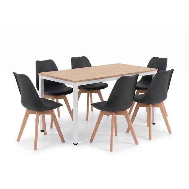 Loftový stůl 120x60 Dub Sonoma 6 skandinávských židlí s polštářem černé barvy