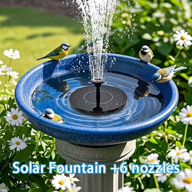 TEMU Solární plně automatická fontána se 6 tryskami, solární ptačí koupel, vhodná pro koupání ptáků, zahrady, rybníky, akvária, bazény a venkovní