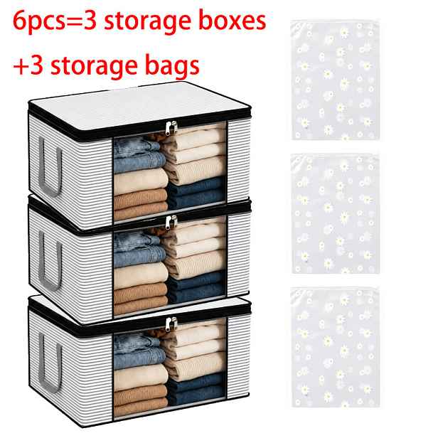 TEMU Sada 6 ks (3 ks extra velké šedé pruhované skládací úložné boxy a 3 ks tašek na boty), okénko s zipem a víkem, zesílená rukojeť, odolný skládací