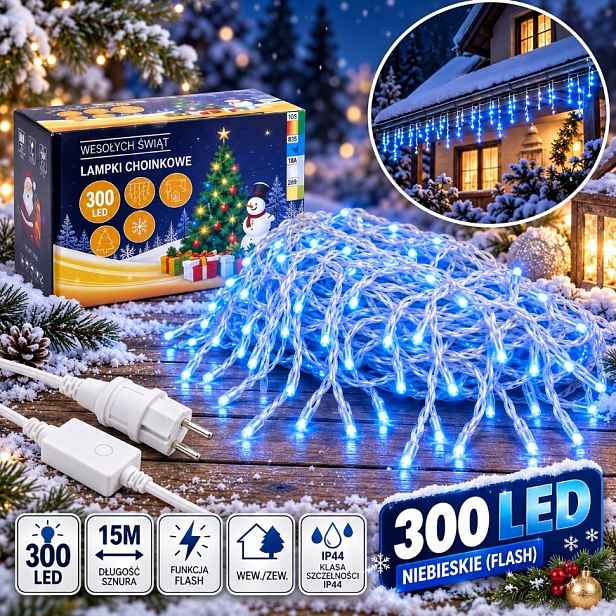 Lampičky rampouchy venkovní 300 Led 15 m modré Flash kombinované IP44